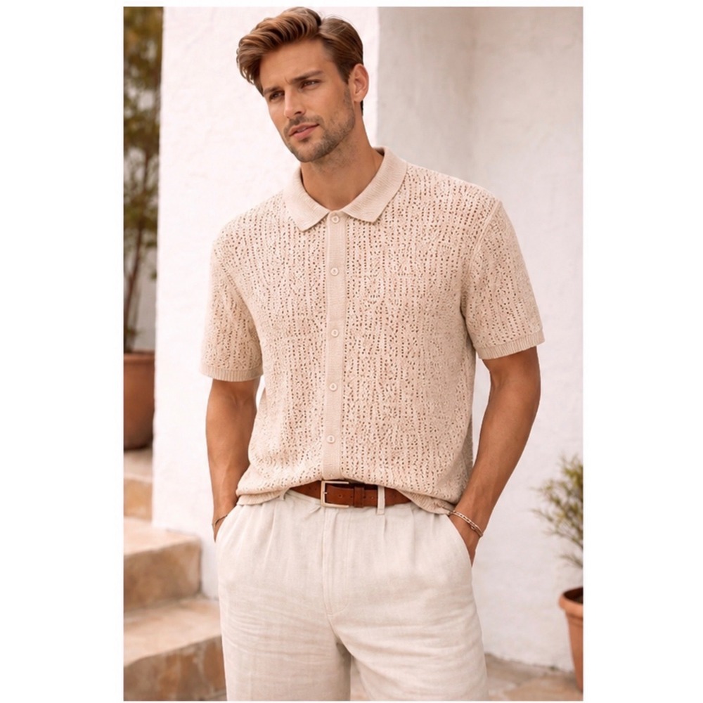 Ransom Crochet Polo Shirt M Beige Cotton 90s Coastal Grandpa